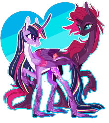 Size: 600x680 | Tagged: safe, artist:creeate97, character:tempest shadow, character:twilight sparkle, character:twilight sparkle (alicorn), species:alicorn, species:classical unicorn, species:pony, species:unicorn, ship:tempestlight, my little pony: the movie (2017), abstract background, alternate design, broken horn, cloven hooves, colored hooves, cutie mark, duo, duo female, eye scar, female, heart, heart background, horn, leonine tail, lesbian, looking at each other, looking back, mare, raised hoof, scar, shipping, simple background, transparent background, unshorn fetlocks, wings