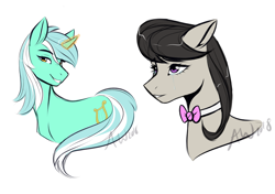 Size: 2597x1827 | Tagged: safe, artist:fairdahlia, character:lyra heartstrings, character:octavia melody, species:earth pony, species:pony, species:unicorn, bow tie, glowing horn, simple background, smiling