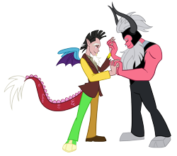 Size: 2169x1906 | Tagged: safe, artist:trinityinyang, character:discord, character:lord tirek, species:human, gay, holding hands, horned humanization, humanized, male, misleading thumbnail, shipping, simple background, tailed humanization, tirekcord, transparent background, winged humanization, wings