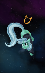 Size: 2365x3790 | Tagged: safe, artist:thefloatingtree, character:lyra heartstrings, species:pony, species:unicorn, fanfic:background pony, clothing, dig the swell hoodie, female, floating, hoodie, lyre, mare, solo, space
