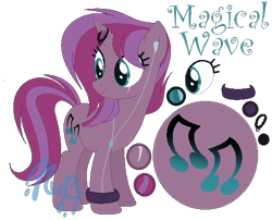 Size: 521x422 | Tagged: safe, artist:marielle5breda, oc, oc only, oc:magical wave, parent:tempest shadow, parent:vinyl scratch, species:pony, species:unicorn, cutie mark background, earbuds, female, magical lesbian spawn, mare, music notes, offspring, reference sheet, simple background, solo, transparent background, wristband