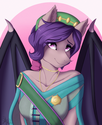 Size: 2175x2681 | Tagged: safe, artist:fairdahlia, oc, oc only, oc:tenebra von umbram, species:anthro, species:bat pony, species:pony, anthro oc, bat pony oc, bust, clothing, commission, female, high res, looking at you, mare, simple background, slit eyes, smiling, solo