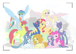 Size: 4093x2894 | Tagged: safe, artist:basykail, character:adagio dazzle, character:applejack, character:aria blaze, character:fluttershy, character:pinkie pie, character:rainbow dash, character:rarity, character:sonata dusk, character:sunset shimmer, character:twilight sparkle, species:alicorn, species:earth pony, species:pegasus, species:pony, species:siren, species:unicorn, fanfic:forgotten legacy, fanfic:homecoming, ship:appledash, ship:rarishy, ship:sunsetsparkle, alicornified, alternate color palette, alternate cutie mark, alternate design, alternate universe, commission, fanfic, fanfic art, female, glasses, hug, lesbian, mare, ponified, ponified siren, prone, race swap, shimmercorn, shipping, story, the dazzlings, the rainbooms, watermark, winghug