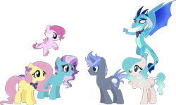 Size: 1427x852 | Tagged: safe, artist:thepegasisterpony, character:fluttershy, character:princess ember, oc, oc:iridescent, oc:rose gold, oc:spectrum blitz, oc:summer azure, parent:discord, parent:fluttershy, parent:princess ember, parents:embershy, species:dracony, species:dragon, species:pegasus, species:pony, species:unicorn, adopted offspring, bloodstone scepter, dragon lord ember, embershy, family, female, hybrid, interspecies offspring, jewelry, lesbian, male, offspring, pendant, shipping, simple background, stallion, transparent background