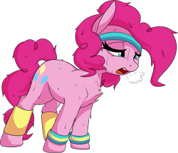 Size: 1243x1069 | Tagged: safe, artist:lux, derpibooru original, character:pinkie pie, species:pony, exhausted, female, headband, leg warmers, simple background, solo, sweatband, tired, transparent background, workout outfit