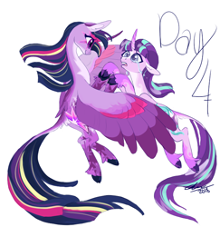 Size: 680x700 | Tagged: safe, artist:creeate97, character:starlight glimmer, character:twilight sparkle, character:twilight sparkle (alicorn), species:alicorn, species:classical unicorn, species:pony, species:unicorn, cloven hooves, crying, cutie mark, duo, female, flying, holding hooves, hoof hold, horn, leonine tail, mare, simple background, smiling, unshorn fetlocks, white background, wings