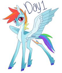 Size: 430x500 | Tagged: safe, artist:creeate97, character:rainbow dash, species:pegasus, species:pony, colored hooves, feathered fetlocks, female, looking at you, mare, pixel art, signature, simple background, solo, white background, wings
