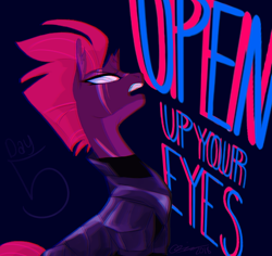 Size: 550x520 | Tagged: safe, artist:creeate97, character:tempest shadow, species:pony, species:unicorn, my little pony: the movie (2017), black background, broken horn, chromatic aberration, dialogue, eye scar, female, mare, open up your eyes, scar, signature, simple background, singing, solo, song, song reference