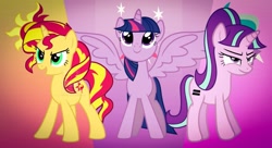 Size: 1599x872 | Tagged: safe, artist:bubbly-storm, character:starlight glimmer, character:sunset shimmer, character:twilight sparkle, character:twilight sparkle (alicorn), species:alicorn, species:pony, counterparts, cutie mark background, equal cutie mark, gradient background, spread wings, twilight's counterparts, watermark, wings