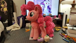 Size: 5312x2988 | Tagged: safe, artist:neysanight, character:pinkie pie, character:rarity, character:sweetie belle, comb, computer, cupcake, food, high res, irl, machine, photo, plushie, scissors, sewing, solo focus, tape, toy, wip