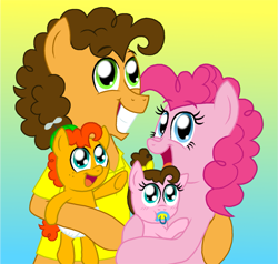 Size: 1251x1193 | Tagged: safe, artist:crazynutbob, character:cheese sandwich, character:pinkie pie, oc, oc:fudge fondue, oc:pizza pockets, parent:cheese sandwich, parent:pinkie pie, parents:cheesepie, species:pony, ship:cheesepie, baby, baby pony, bow, clothing, family, female, freckles, gradient background, grin, hair bow, hat, male, offspring, pacifier, propeller hat, shipping, smiling, straight, twins