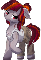 Size: 842x1222 | Tagged: safe, artist:lux, oc, oc only, oc:dune rider, species:pony, blood, cargo pants, chest fluff, clothing, dirty, floppy ears, nosebleed, pants, ponytail, sad, simple background, solo, tank top, transparent background