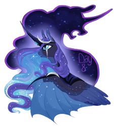 Size: 500x550 | Tagged: safe, artist:creeate97, character:princess luna, character:tantabus, species:alicorn, species:pony, episode:do princesses dream of magic sheep?, bat wings, bust, crying, curved horn, duo, ethereal mane, female, galaxy mane, hybrid wings, mare, redesign, simple background, starry wings, teary eyes, transparent background