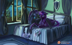 Size: 1440x900 | Tagged: safe, artist:kirillk, character:twilight sparkle, character:twilight sparkle (alicorn), oc, oc:nyx, species:alicorn, species:pony, species:unicorn, alicorn oc, bed, black, cat eyes, female, glowing horn, hug, mare, mother and daughter, night, patreon, patreon logo, prone, purple hair, slit eyes, tail, video game, wallpaper, winghug