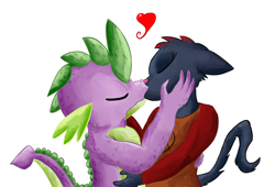 Size: 1024x696 | Tagged: safe, artist:chiptunebrony, character:spike, species:anthro, species:dragon, cat, crossover, crossover shipping, eyes closed, female, heart, hug, kissing, mae borowski, maespike, male, night in the woods, older, older spike, shipping, straight