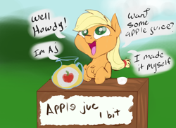 Size: 3000x2200 | Tagged: safe, artist:veesocks, character:applejack, species:earth pony, species:pony, 30 minute art challenge, apple juice, cute, dialogue, female, filly, filly applejack, fluffy, hnnng, howdy, jackabetes, juice, open mouth, smiling, solo, speech bubble, stand, younger