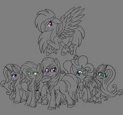 Size: 1024x956 | Tagged: safe, artist:xxmelody-scribblexx, character:applejack, character:fluttershy, character:pinkie pie, character:rainbow dash, character:rarity, character:twilight sparkle, species:earth pony, species:pegasus, species:pony, species:unicorn, g5 leak, leak, applejack (g5), braid, earth pony twilight, fluttershy (g5), gray background, mane six, mane six (g5 leak), one eye closed, partial color, pegasus pinkie pie, pinkie pie (g5), race swap, rainbow dash (g5), rarity (g5), simple background, spoiler, twilight sparkle (g5), unicorn fluttershy, wink