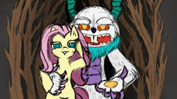 Size: 2560x1440 | Tagged: safe, artist:rainb0wdashie, character:angel bunny, character:fluttershy, ship:angelshy, anger bunny, blood, female, interspecies, male, monster, shipping, straight, tree