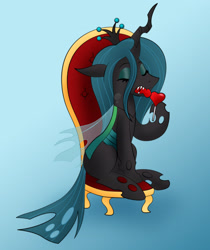 Size: 2188x2608 | Tagged: safe, artist:poseidonathenea, character:queen chrysalis, species:changeling, februpony, candy, female, food, licking, lollipop, simple background, solo, throne, tongue out