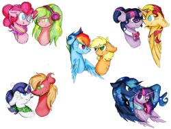 Size: 1032x774 | Tagged: safe, artist:thepegasisterpony, character:applejack, character:big mcintosh, character:lemon zest, character:pinkie pie, character:princess luna, character:rainbow dash, character:rarity, character:sunset shimmer, character:twilight sparkle, character:twilight sparkle (alicorn), character:twilight sparkle (scitwi), species:alicorn, species:pony, ship:appledash, ship:rarimac, ship:scitwishimmer, ship:sunsetsparkle, ship:twiluna, alicornified, bandana, bust, equestria girls ponified, female, headphones, lemonpie, lesbian, male, neckerchief, ponified, race swap, shimmercorn, shipping, simple background, straight, transparent background