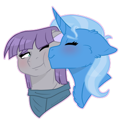 Size: 1116x1103 | Tagged: safe, artist:artistcoolpony, character:maud pie, character:trixie, species:earth pony, species:pony, species:unicorn, ship:mauxie, blushing, eyes closed, female, floppy ears, kissing, lesbian, mare, one eye closed, shipping, simple background, transparent background