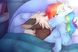 Size: 1800x1200 | Tagged: safe, artist:artistcoolpony, character:dumbbell, character:rainbow dash, ship:dumbdash, bed, chest fluff, female, male, shipping, sleeping, straight