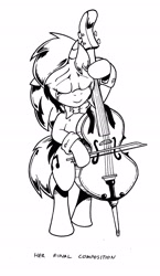 Size: 1854x3191 | Tagged: safe, artist:duragan, character:dj pon-3, character:vinyl scratch, bow (instrument), cello, cello bow, crying, feels, formal, implied death, ink, musical instrument, sad, tears of joy, traditional art, tragedy