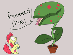 Size: 4000x3000 | Tagged: safe, artist:veesocks, character:apple bloom, 30 minute art challenge, audrey 2, carnivorous plant, feed me, feed me seymour, little shop of horrors, potion, reference, scared, simple background, whoops