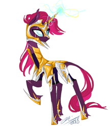 Size: 500x580 | Tagged: safe, artist:creeate97, character:tempest shadow, species:pony, species:unicorn, my little pony: the movie (2017), armor, badass, blind eye, eye scar, female, glowing horn, helmet, leonine tail, magic, mare, prosthetic horn, prosthetics, raised hoof, royal guard, scar, signature, simple background, solo, tempest becomes a royal guard, tempest gets her horn back, unshorn fetlocks, white background