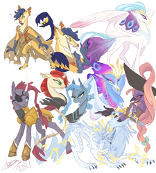 Size: 900x1000 | Tagged: safe, artist:creeate97, character:capper dapperpaws, character:captain celaeno, character:queen novo, character:storm king, character:tempest shadow, species:anthro, species:classical hippogriff, species:digitigrade anthro, species:hippogriff, species:pony, species:unicorn, my little pony: the movie (2017), anthro with ponies, armor, bow, broken horn, clothing, concept art, eyepatch, female, four eyes, hat, lightning, madame harpy, male, mare, mendax, pirate hat, scorpion tail, simple background, storm creature, tail wrap, the art of my little pony: the movie, three eyes, white background