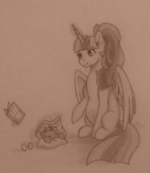 Size: 1331x1536 | Tagged: safe, artist:mah521, character:twilight sparkle, character:twilight sparkle (alicorn), oc, oc:midnight moon, species:alicorn, species:pony, alternate hairstyle, blanket, book, female, grayscale, magic, mare, monochrome, ponytail, pregnant, sleeping, traditional art