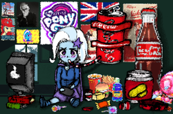Size: 758x500 | Tagged: safe, artist:starwantrix, character:trixie, my little pony:equestria girls, apple, coca-cola, fallout, fast food, flag, food, nuka cola, oxxxymiron, peanut butter, pixel art, poster, united kingdom