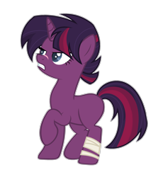 Size: 2285x2565 | Tagged: dead source, safe, artist:marielle5breda, oc, parent:tempest shadow, parent:twilight sparkle, parents:tempestlight, species:pony, species:unicorn, bandage, female, high res, magical lesbian spawn, mare, narrowed eyes, offspring, raised hoof, scar, simple background, solo, transparent background