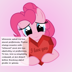Size: 1280x1280 | Tagged: safe, artist:galekz, character:pinkie pie, crystal, female, headcanon, heart, love, pink background, simple background, smiling, solo