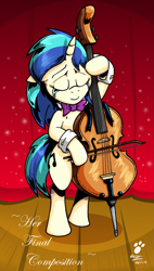 Size: 799x1406 | Tagged: safe, artist:duragan, character:dj pon-3, character:vinyl scratch, species:pony, species:unicorn, g4, bipedal, bow (instrument), bow tie, cel shading, cello, cello bow, composition, crying, fanart, feels, floppy ears, heartbreak, implied death, implied lesbian, implied scratchtavia, implied shipping, musical instrument, performance, ribbon, role reversal, stage, tears of joy