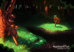 Size: 1001x709 | Tagged: safe, artist:derekireba, character:applejack, species:earth pony, species:pony, bipedal, butterfly, clearing, clothing, dark, female, flower, forest, glow, hat, hat off, leaning back, looking at something, mare, outdoors, pixiv, smiling, solo, tree, under the tree, water