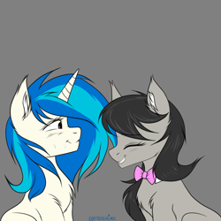 Size: 1024x1024 | Tagged: safe, artist:chickenbrony, character:dj pon-3, character:octavia melody, character:vinyl scratch, species:earth pony, species:pony, species:unicorn, ship:scratchtavia, chest fluff, ear fluff, eyes closed, female, fluffy, lesbian, mare, shipping, simple background, smiling