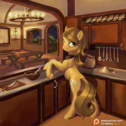 Size: 900x900 | Tagged: safe, artist:kirillk, oc, oc only, species:earth pony, species:pony, commission, female, kitchen, looking at you, looking back, looking back at you, mare, night, patreon, patreon logo, restaurant, solo