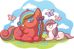 Size: 600x397 | Tagged: safe, artist:xkappax, character:baby moondancer, species:pegasus, species:pony, species:unicorn, g1, braid, butterfly, female, filly, flutterbye, g1 to g4, generation leap, mare, simple background, transparent background