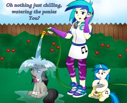 Size: 3117x2520 | Tagged: safe, artist:poseidonathenea, character:dj pon-3, character:octavia melody, character:vinyl scratch, species:pony, my little pony:equestria girls, chips, eating, food, garden hose, human ponidox, makeup, octavia is not amused, phone, ponidox, pony pet, potato chips, running makeup, self ponidox, shoes, sneakers, unamused, watering