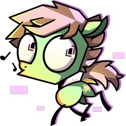 Size: 1233x1226 | Tagged: safe, artist:amberpone, oc, oc only, oc:pot leaf, species:earth pony, species:pony, big eyes, brown, cute, cutie mark, digital art, eyes open, green, invader zim, lighting, male, pink, pink eyes, shading, short hair, short tail, simple background, stallion, transparent background, whistling