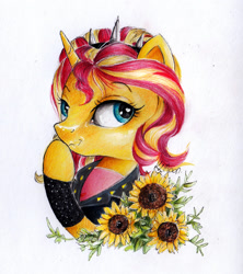 Size: 1024x1152 | Tagged: safe, artist:lailyren, artist:moonlight-ki, character:sunset shimmer, species:pony, species:unicorn, alternate hairstyle, bust, clothing, equestria girls outfit, female, flower, headband, horn, mare, portrait, simple background, solo, sunflower, traditional art