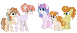 Size: 1177x513 | Tagged: safe, artist:thepegasisterpony, character:princess flurry heart, character:pumpkin cake, oc, oc:crystalline cake, oc:custard cream, oc:mango tango, parent:princess flurry heart, parent:pumpkin cake, parents:pumpkin heart, species:alicorn, species:earth pony, species:pony, species:unicorn, ship:pumpkinheart, female, lesbian, magical lesbian spawn, male, mare, offspring, open mouth, raised hoof, shipping, simple background, smiling, stallion, transparent background