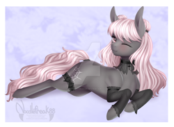 Size: 1024x751 | Tagged: safe, artist:noodlefreak88, oc, species:earth pony, species:pony, abstract background, arm warmers, blushing, bow, bun, choker, clothing, female, lace, long mane, long tail, lying down, mare, on side, one eye closed, pink eyes, smiling, socks, solo, stockings, thigh highs, watermark, wink