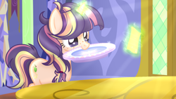 Size: 1024x577 | Tagged: safe, artist:xxmelody-scribblexx, base used, oc, oc:magical apple, parent:applejack, parent:twilight sparkle, parents:twijack, species:pony, species:unicorn, dish, female, glowing horn, magic, magical lesbian spawn, mare, mouth hold, offspring, solo, telekinesis