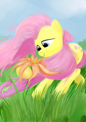 Size: 724x1024 | Tagged: dead source, safe, artist:rubrony, character:fluttershy, species:pegasus, species:pony, female, flower, grass, mare, sky, smiling, solo