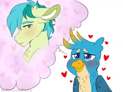 Size: 1600x1200 | Tagged: safe, artist:artistcoolpony, character:gallus, character:sandbar, species:earth pony, species:griffon, species:pony, ship:gallbar, episode:school daze, g4, my little pony: friendship is magic, blushing, daydream, gay, heart, heart eyes, interspecies, male, shipping, simple background, thought bubble, wingding eyes