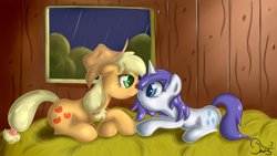 Size: 1920x1080 | Tagged: safe, artist:twilightsquare, character:applejack, character:rarity, species:earth pony, species:pony, species:unicorn, ship:rarijack, boop, eye contact, female, hay, inside, lesbian, looking at each other, mare, noseboop, prone, rain, shipping, wallpaper, wet mane