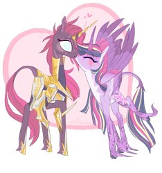 Size: 750x800 | Tagged: safe, artist:creeate97, character:tempest shadow, character:twilight sparkle, character:twilight sparkle (alicorn), species:alicorn, species:classical unicorn, species:pony, species:unicorn, ship:tempestlight, armor, blind eye, cloven hooves, cute, ear fluff, eye scar, eyes closed, female, heart, heart background, kissing, leonine tail, lesbian, mare, nose kiss, prosthetic horn, prosthetics, raised hoof, raised leg, royal guard, scar, shipping, simple background, tempest becomes a royal guard, tempest gets her horn back, transparent background, unshorn fetlocks, wide eyes