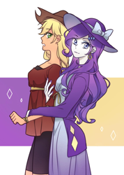 Size: 856x1200 | Tagged: safe, artist:dcon, character:applejack, character:rarity, species:human, ship:rarijack, my little pony:equestria girls, applejack's hat, bow, clothing, cowboy hat, ear piercing, earring, female, hat, humanized, jewelry, lesbian, looking at you, piercing, shipping